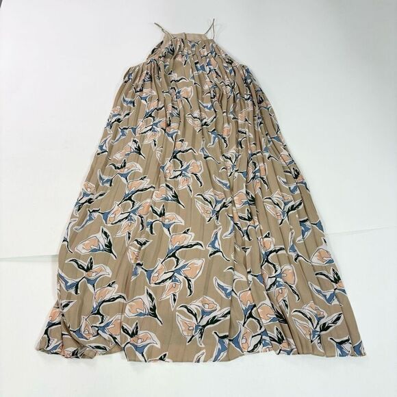 J.O.A Los Angeles Dress Womens Medium Tan Floral Halter Neck Pleated Midi Whimsy - Picture 1 of 10